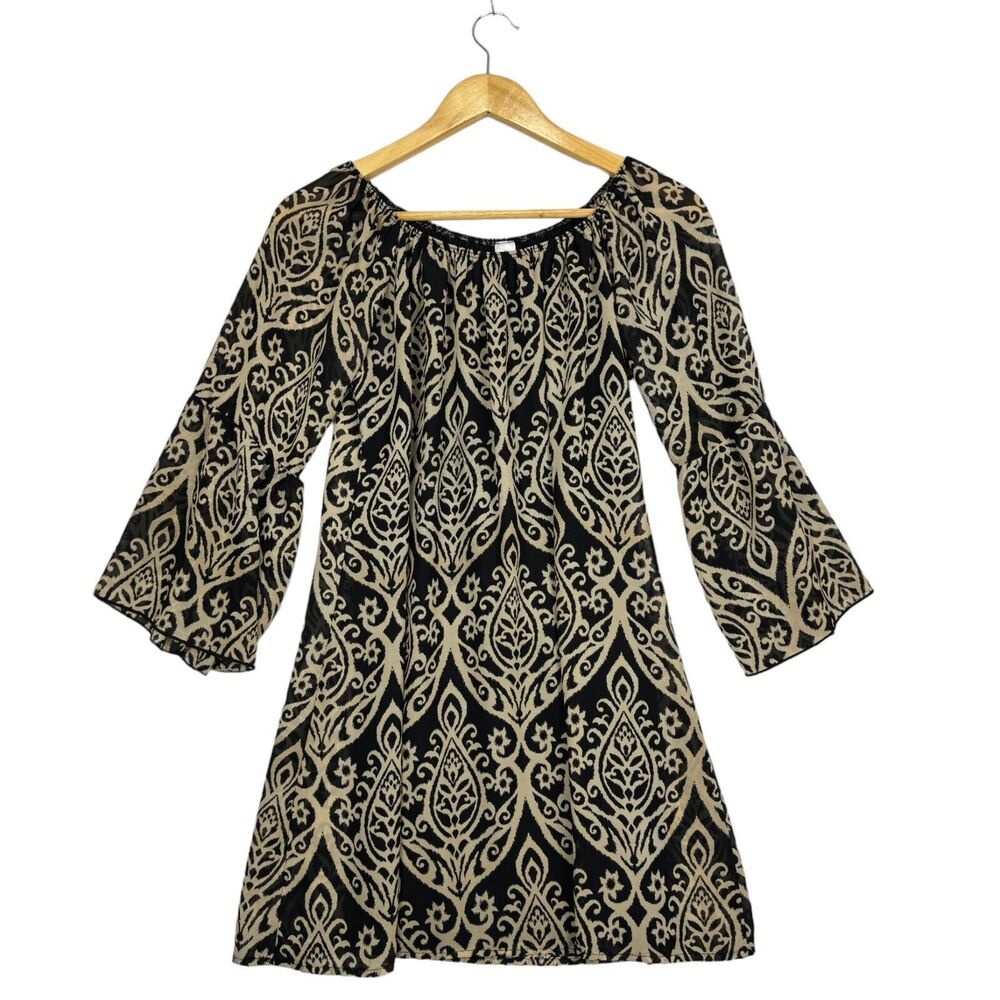 2B Together Sheer Bell Sleeve Tunic Dress Black Tan Women Size Small Long Sleeve